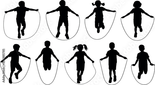 Silhouettes of diverse children joyfully jumping rope in unison showcasing active play and childhood fun outdoors