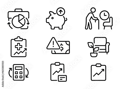 Retirement Planning Icons. Outline icon set of adjusting retirement plans: portfolio rebalance icon, savings