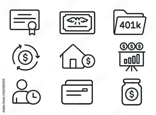 Retirement Income Icons. Outline icon set of retirement income sources: pension icon, social security card,