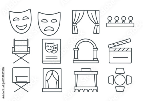 Theater Icon Collection. Outline icon set of classic theater symbols: comedy mask, tragedy mask, velvet