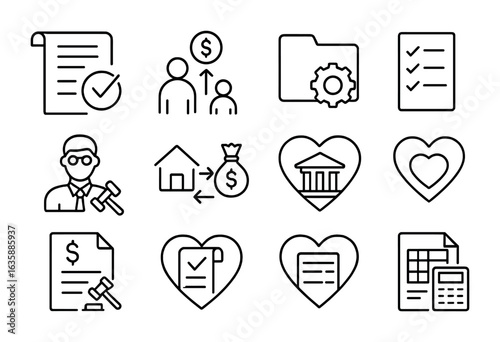 Estate Planning Icons. Outline icon set of estate and legacy planning: will document, inheritance icon, trust