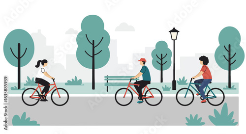 Cyclists ride bikes along a pathway, with trees and city buildings in the background