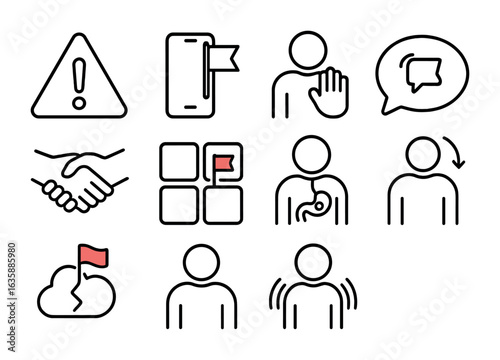 Red Flags Icons. Outline icon set of recognizing red flags: warning triangle, hidden phone, avoidance icon,