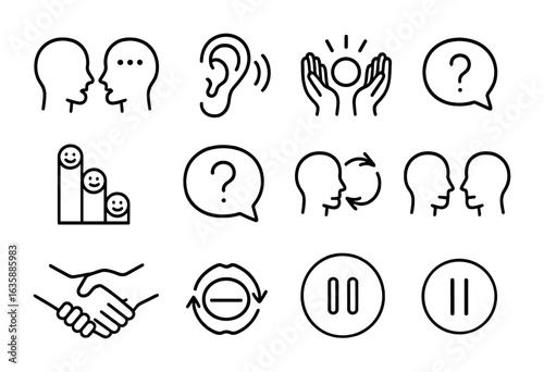 Conflict Resolution Icons. Outline icon set of communication in conflict resolution: talking heads, listening
