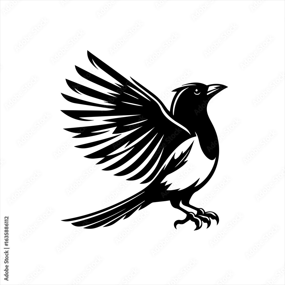 Naklejka premium Stylized black and white magpie bird in flight