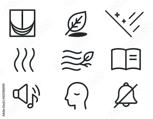 Nature Relaxation Icons. Outline icon set of relaxation with nature: hammock near window, leaf shadow, soft