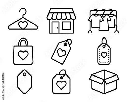 Thrift Shop Icon Set. Outline icon set of secondhand and thrift shopping: hanger with heart, resale store,