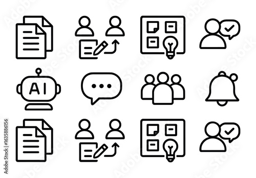 Collaborative AI Icon Set. Outline icon set of collaborative AI tools: shared doc, live co-edit, idea board,