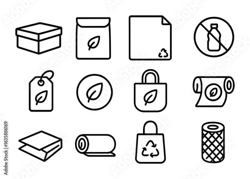 Eco Packaging Icons. Outline icon set of eco-friendly fashion packaging: kraft box, compostable mailer,