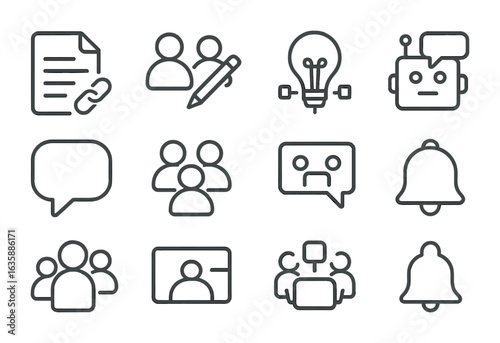 Collaborative AI Icon Set. Outline icon set of collaborative AI tools: shared doc, live co-edit, idea board,