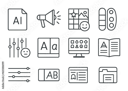 Branding Tools Icon Set. Outline icon set of branding and identity tools: logo AI, slogan creator, mood board,