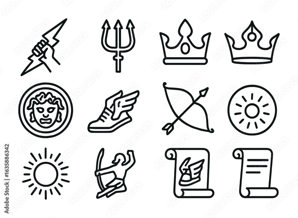 Fototapeta premium Greek Gods Icon Set. Outline icon set of Olympian gods in combat: Zeus icon, trident of Poseidon, Hera’s crown
