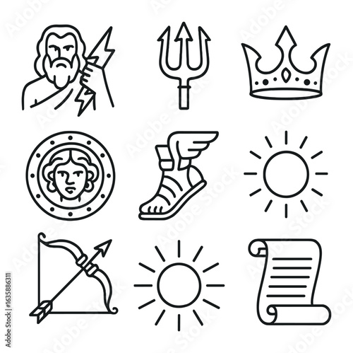 Greek Gods Icon Set. Outline icon set of Olympian gods in combat: Zeus icon, trident of Poseidon, Hera’s crown