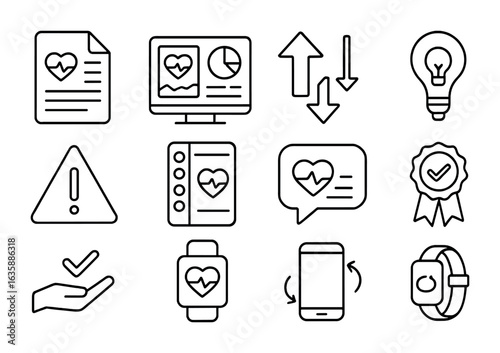 Health Insights Icons. Outline icon set of personalized health insights: daily report, health dashboard, trend