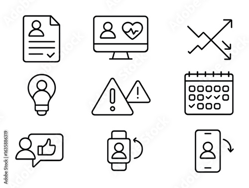 Health Insights Icons. Outline icon set of personalized health insights: daily report, health dashboard, trend