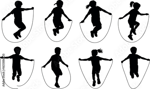 Silhouettes of children joyfully jumping rope in various dynamic poses capturing the energy of childhood play