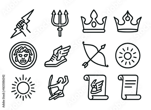 Greek Gods Icon Set. Outline icon set of Olympian gods in combat: Zeus icon, trident of Poseidon, Hera’s crown