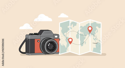 Camera with world map. Clouds show distance to locations on map. Travel concept