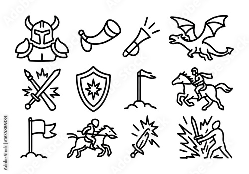 Epic Fantasy Icon Set. Outline icon set of epic fantasy battles: enchanted armor, war horn, flying beast,