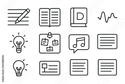 Songwriting Icon Set. Outline icon set of songwriting and creativity: pencil on staff, lyric notebook, rhyming