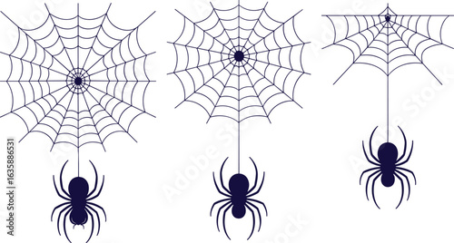 Three spooky halloween decorations featuring dark spiders hanging from elaborate cobwebs against a white background