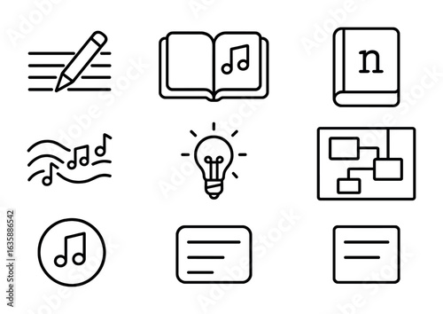 Songwriting Icon Set. Outline icon set of songwriting and creativity: pencil on staff, lyric notebook, rhyming