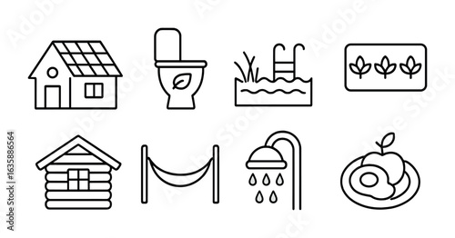 Eco Accommodations Icons. Outline icon set of eco-friendly accommodations: solar roof, composting toilet,