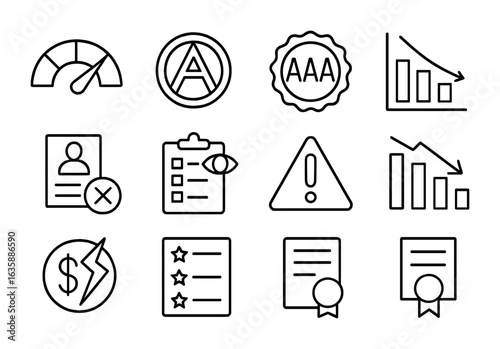 Credit Risk Icons. Outline icon set of credit risk and ratings: credit score gauge, rating agency logo, AAA