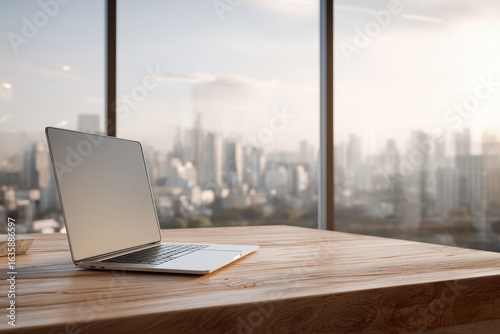 Sleek laptop on wooden desk with city skyline view for remote work promotion, tech advertisement, corporate blog header