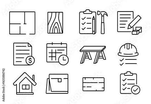 Carpentry Icon Blueprint. Outline icon set of carpentry project planning: floor plan, wood type sample, tool