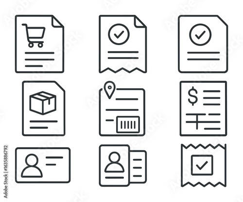 Purchase Icons Grid. Outline icon set of purchase confirmation and records: order summary, invoice, payment