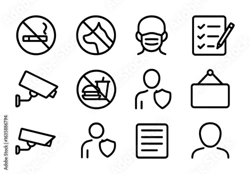 Store Rules Icons. Outline icon set of store rules and policies: no smoking sign, pets not allowed, mask