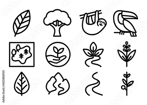Rainforest Preservation Icons. Outline icon set of rainforest preservation: tropical leaf, tree canopy, sloth,