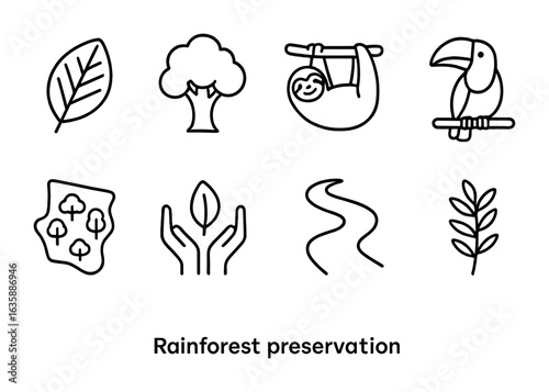 Rainforest Preservation Icons. Outline icon set of rainforest preservation: tropical leaf, tree canopy, sloth,