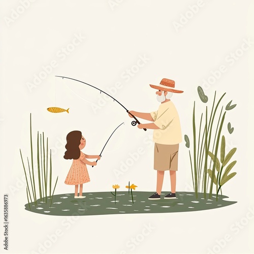 Grandfather teaching granddaughter to fish by the lake in summer  