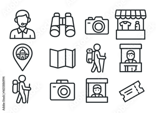 Tourist Icon Set. Outline icon set of tourist city zones: guide icon, binoculars, photo camera, souvenir stand