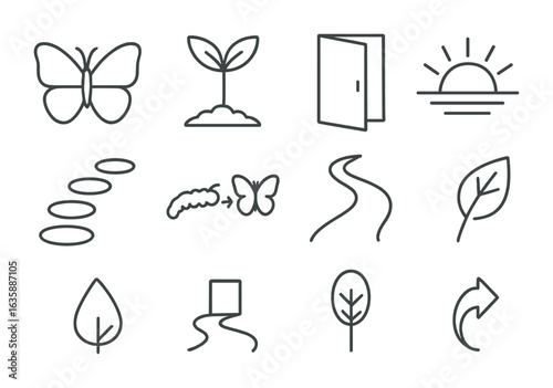 Growth and Transformation Icons. Outline icon set of growth and change: butterfly, sprouting plant, open door,