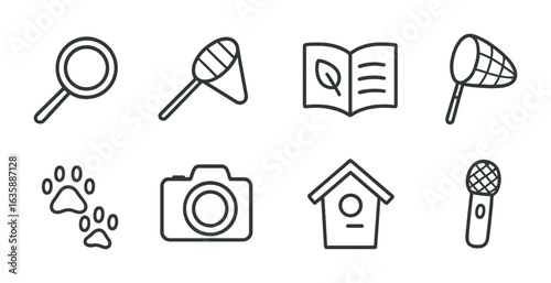 Wildlife Tools Icons. Outline icon set of wildlife spotting tools: magnifying glass, insect net, field