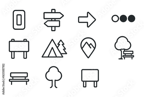 Hiking Trail Icon Set. Outline icon set of hiking trail markers and symbols: trail blaze, distance sign,