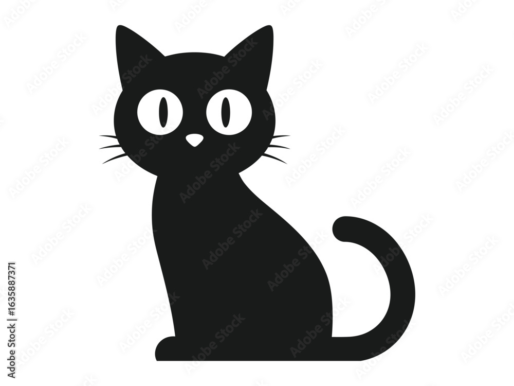 Obraz premium Black Cat Silhouette: A sleek, minimalist silhouette of a black cat, sitting with alert eyes, embodies the elegance of feline grace and simplicity.