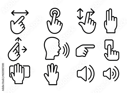 User Interaction Icons. Outline icon set of user interaction: swipe gesture, tap icon, zoom in/out, pinch to
