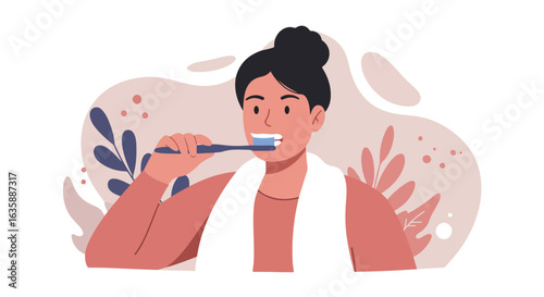 Lady brushing teeth, oral care with floral background, for dental health ads