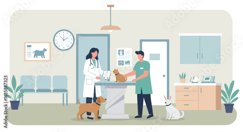 Vet and Assistant Examine Cat at Clinic, Dog and Rabbit Wait Patiently