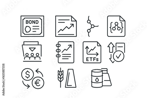 Financial Icons Grid. Outline icon set of financial instruments: bonds, stocks, derivatives, mutual funds,