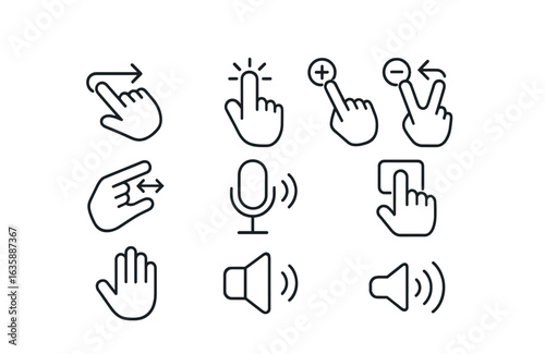 User Interaction Icons. Outline icon set of user interaction: swipe gesture, tap icon, zoom in/out, pinch to