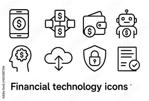 Fintech Icon Set. Outline icon set of financial technology in corporate finance: fintech app, blockchain