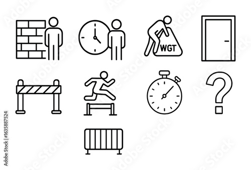 Career Challenge Icons. Outline icon set of career advancement challenges: obstacle wall, clock pressure,