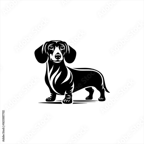 Stylized black and white illustration of a dachshund dog