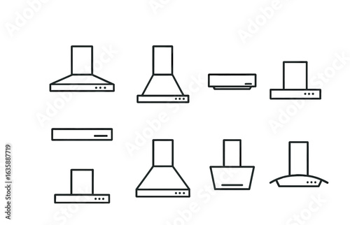 Range Hood Icon Set. Outline icon set of range hood styles: island hood, wall-mounted chimney, under-cabinet