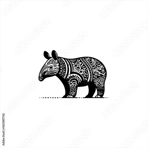 Stylized black and white tapir with intricate tribal patterns